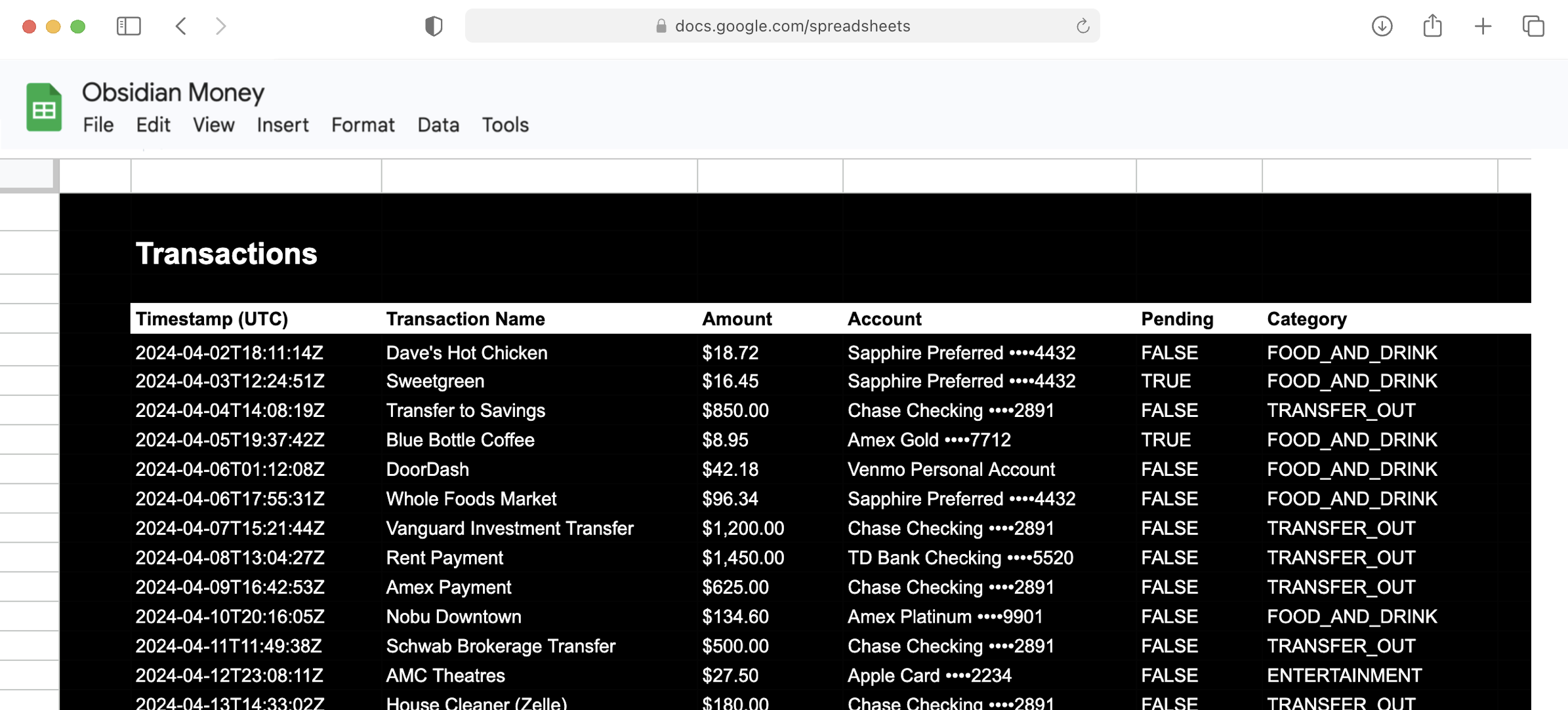 Obsidian Money browser preview