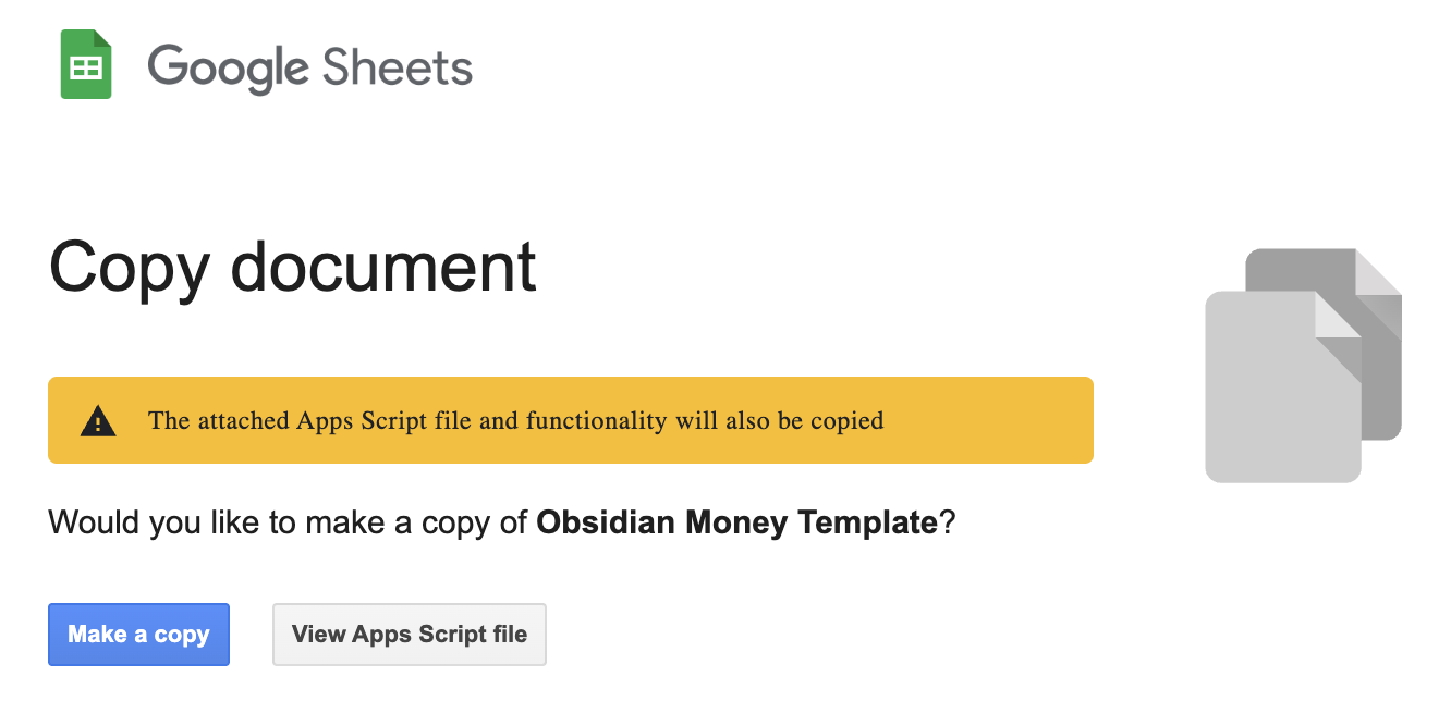 Google Sheets copy template dialog