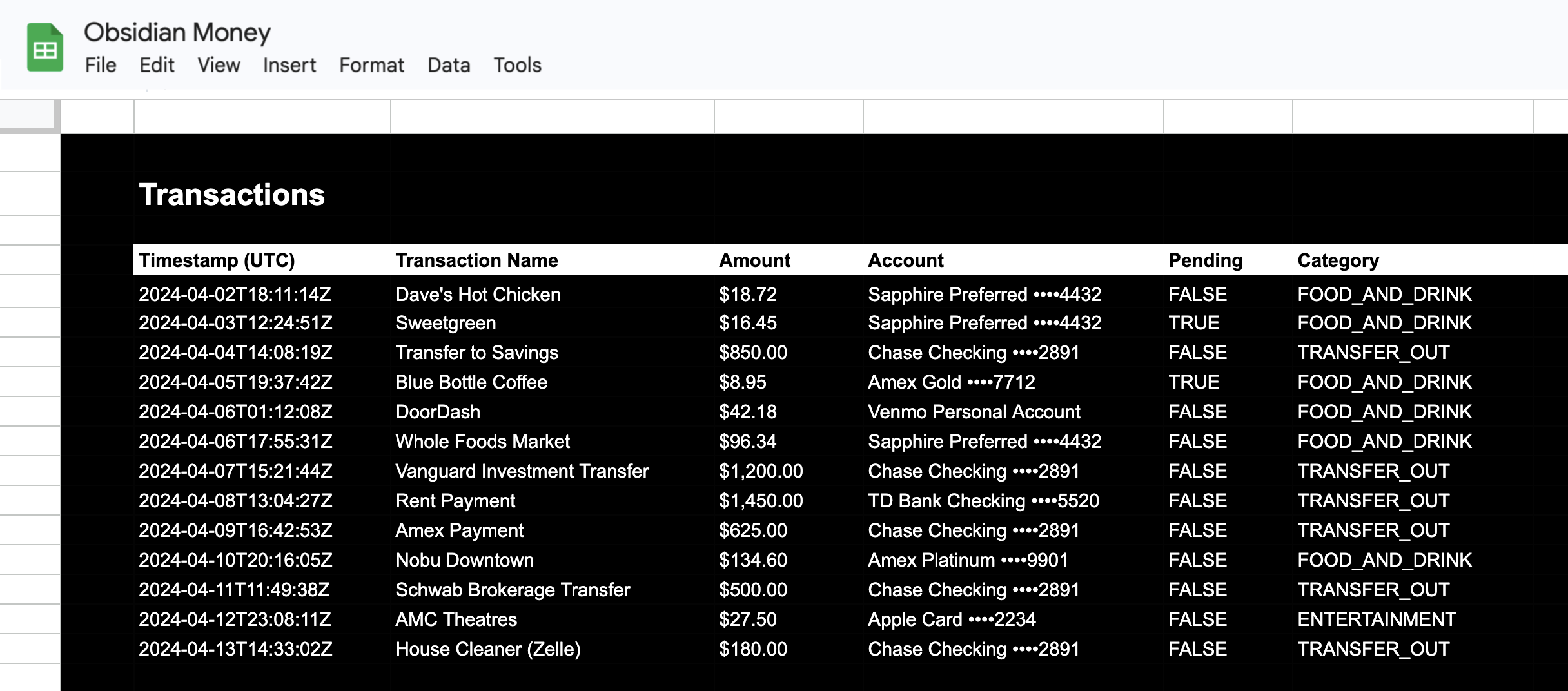 Google Sheet populated with transaction data